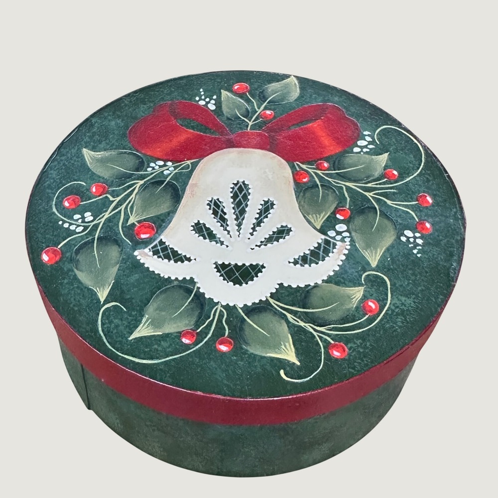 Hand‎ Painted Wood Box Christmas Bell Green Red Folk Art Round 7.5 Cottagecore